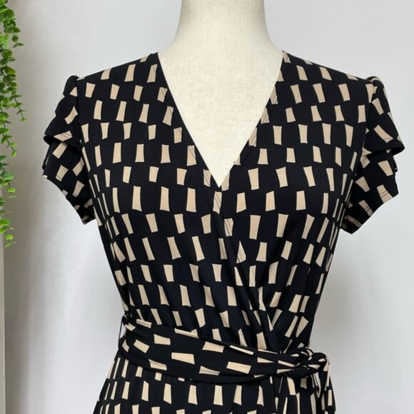 Joseph Ribkoff Wrap Front Jersey Midi Dress Black Beige Size 10 Style 222202 - Picture 5 of 16